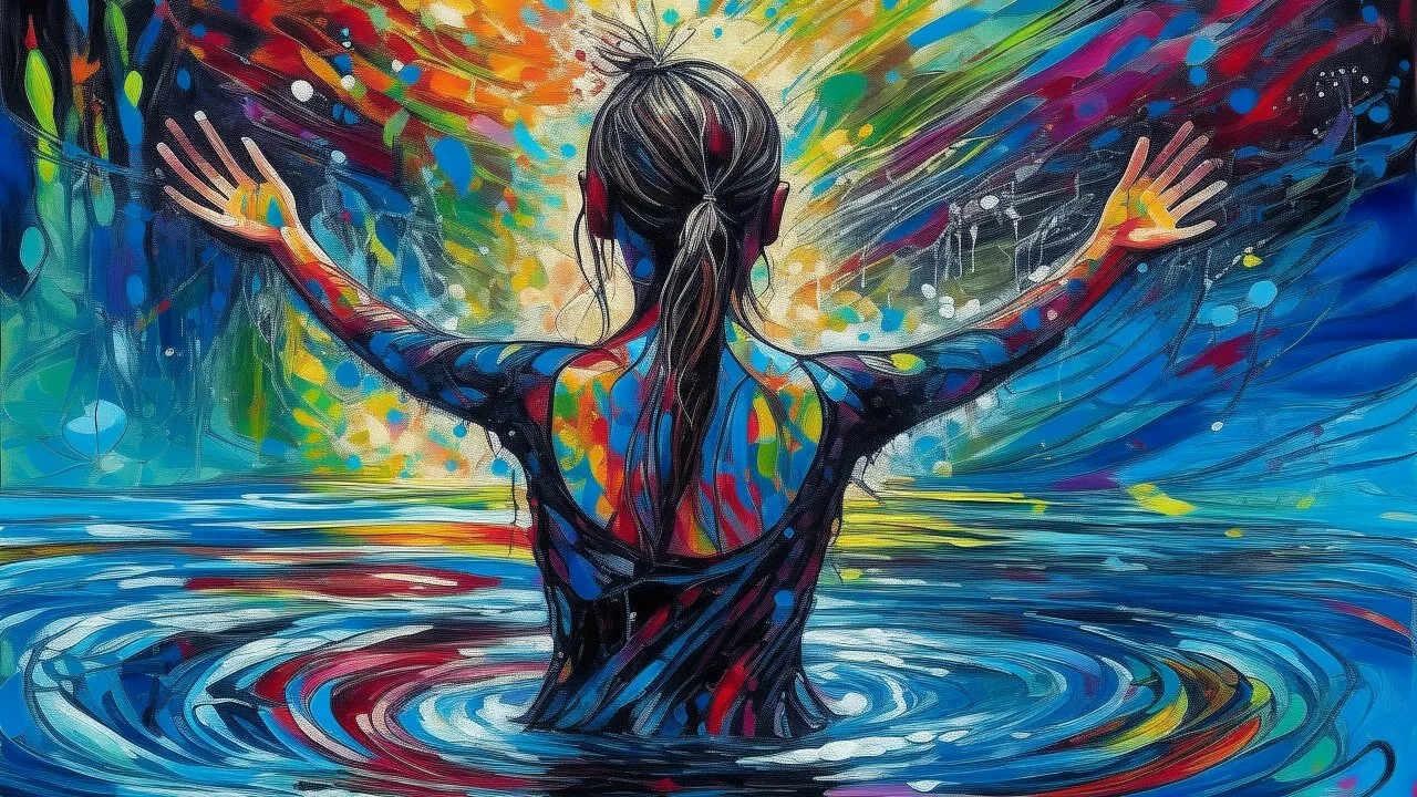 a woman standing in a pool of water. The woman is facing away from the viewer, with her body slightly turned to the side. She is standing with her arms stretched out to the sides, as if she is embracing the water. Her head is tilted slightly to the left, and her hair is pulled back in a bun. The background is filled with a colorful, abstract pattern of triangles in various shades of blue, green, yellow, and orange. The overall mood is surreal and dreamlike.