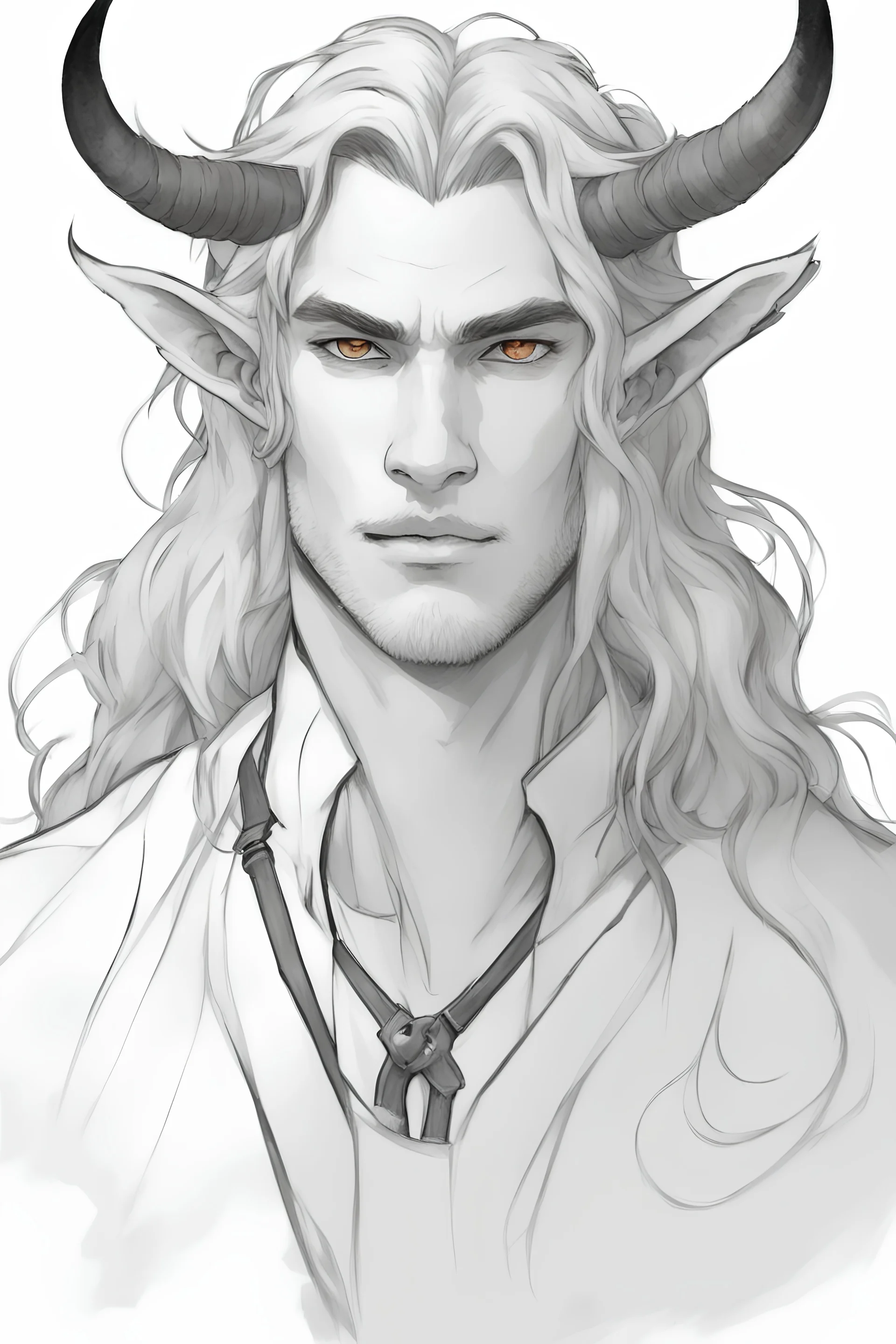 A dnd character portrait, a tiefling man with long hair and two long black horns that curve backwards, white eyes and pale skin. Handsome. Young.