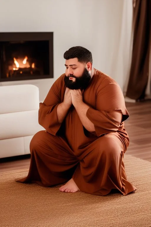 close up photography of a Burly arab 26 year old stocky short chubby man on his knees, short beard, dressed in an brown economic traditional caftan with pants and sandals, photorealistic, ambient occlusion, in a simple living room, ambient occlusion, side view from the bottom