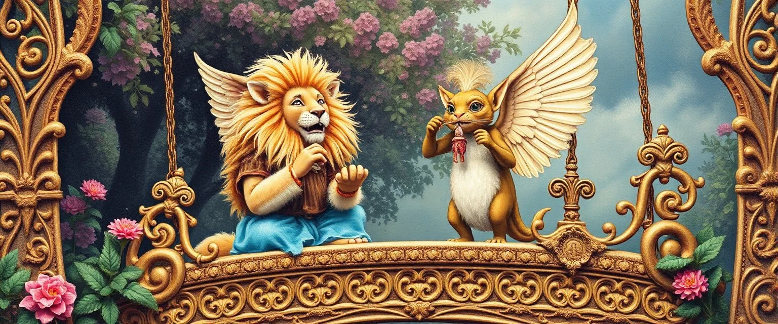 sacred geometry embroidered patterns, two totally symmetric fluffy angel lion gremlin slug nice cheerleader singing on ornate carved magical bridge in garden , full body portrait strong aura, oil painting and air brush, in swing net, strong wind, grid