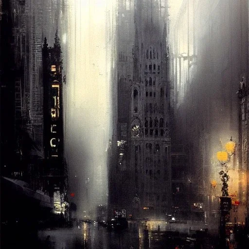 Gulf ,Skyline, Gotham city,Neogothic architecture, by Jeremy mann, point perspective,intricate detailed, strong lines