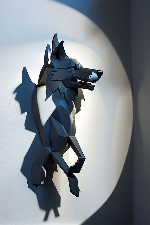 Illustration of shadow puppet, sculptural art where 2D shadows of a wolf silhouette is cast by a 3D sculpture or hand against a wall, creating the Illusions of depth and perception, art against a wall, ombromanie, shadowgraphy, Félicien Trewey