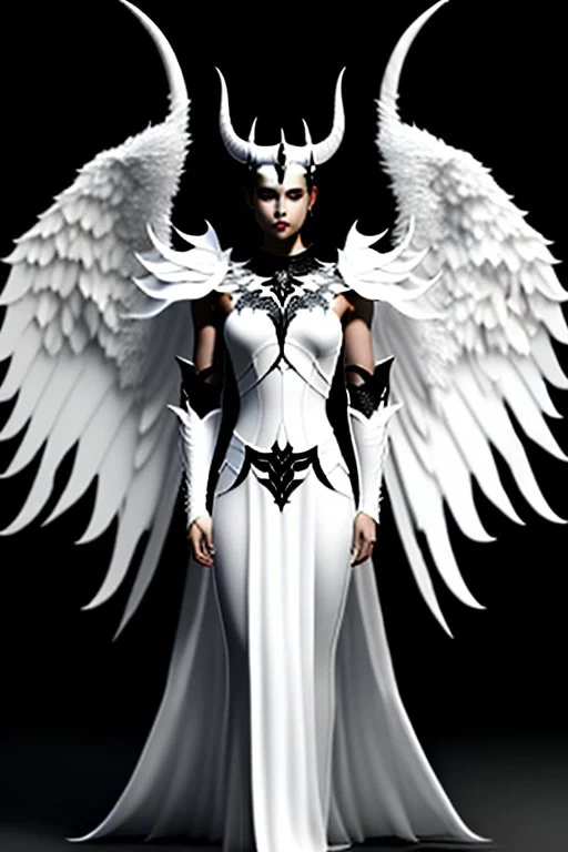 angel, demon, angel demon hybrid, half angel, half demon, black angel wings, white demon wings, black and white, balance, horns, armor, noble clothes, black and white armor, black and white clothes