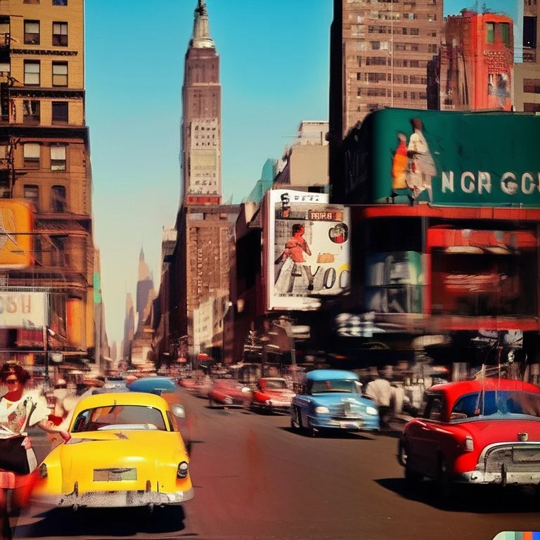 Picture 1950's street life, people, New York, blurry, abstractism, colours, strong texture, 3d, chaotic