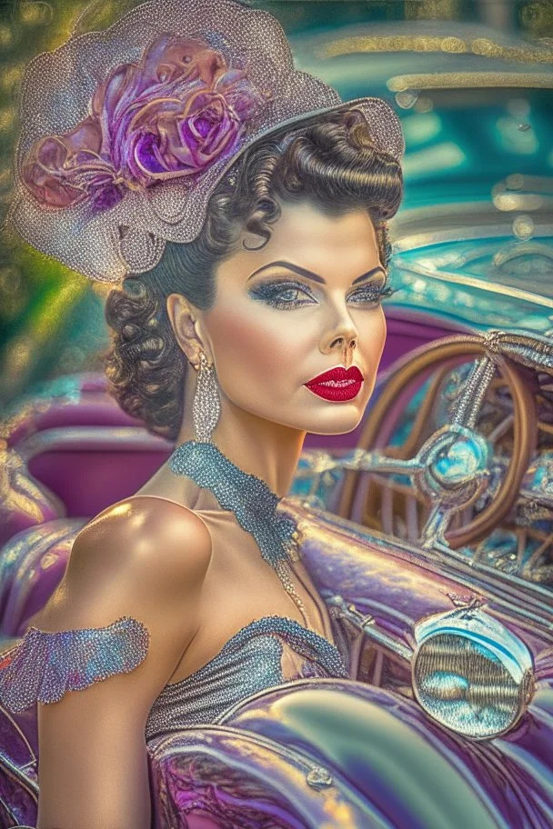 masterpiece, stunning photography of a gorgeous lady, sultre elegance, 00s pinup, intricate, highly detailed, glittering cabriolet in the background, intricate and detailed background in 1900s. style, vibrant colors, volumetric lighting, style of a 1900s, classic pinup style, by Joyce Ballantyne Brand, David Klein, Stan Calli, Saul Bass, , highly intricate, highly detailed, cinematic, hyperrealism, photorealism, photo realistic, hard focus, smooth, depth of field