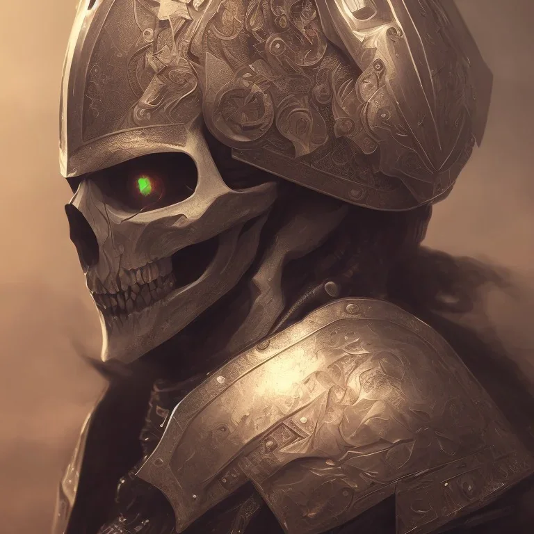 Skull headed knight with armor, wearing high tech mask, Portrait head and shoulders, smoke, realistic, 8K, High Definition, Centered