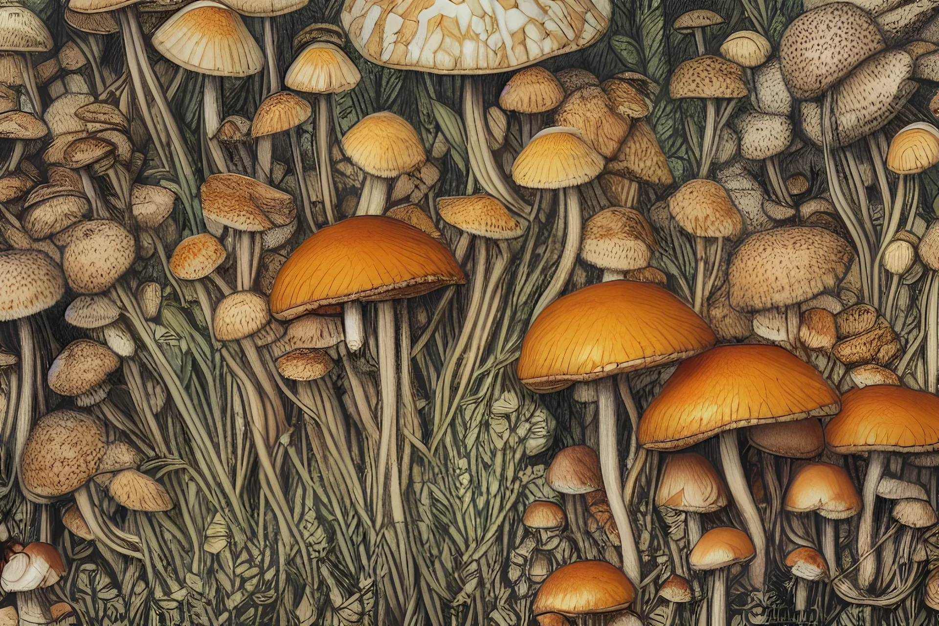 A variety of highly-detailed Hand sketched illustrations of Wild Mushrooms on paper, focus on line work and small shades of color, use shades of yellow, brown, black, red, and orange, add Chinese ink-brush details to the tops of mushrooms, Marco Mazzoni art style, fantasy like mushrooms