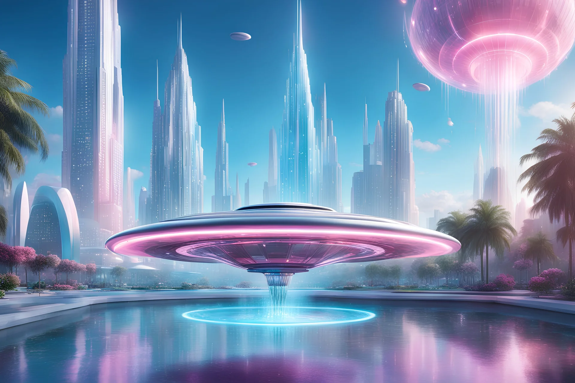 magnificent and luminous bright silver ufo, is flying int the sky above a futuristic and cosmic city. The Ufo looks like a flying saucer, The building are light and pastel blue and pink colored made with cristal, sweet shapes, domes. The building are small There are green palm trees and fountains, and pink flowers in the foreground