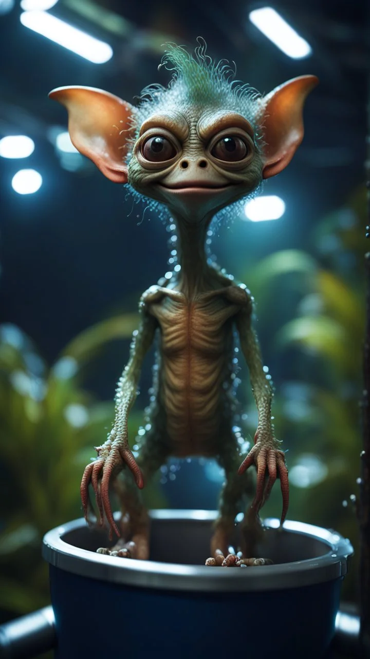 close up portrait of a really stretchy alien gremlin with arm hair standing on a sea horse in a bucket ski lift in dark lit reflective wet jungle metallic hall dome hotel tunnel, in the style of a game,bokeh like f/0.8, tilt-shift lens 8k, high detail, smooth render, down-light, unreal engine, prize winning