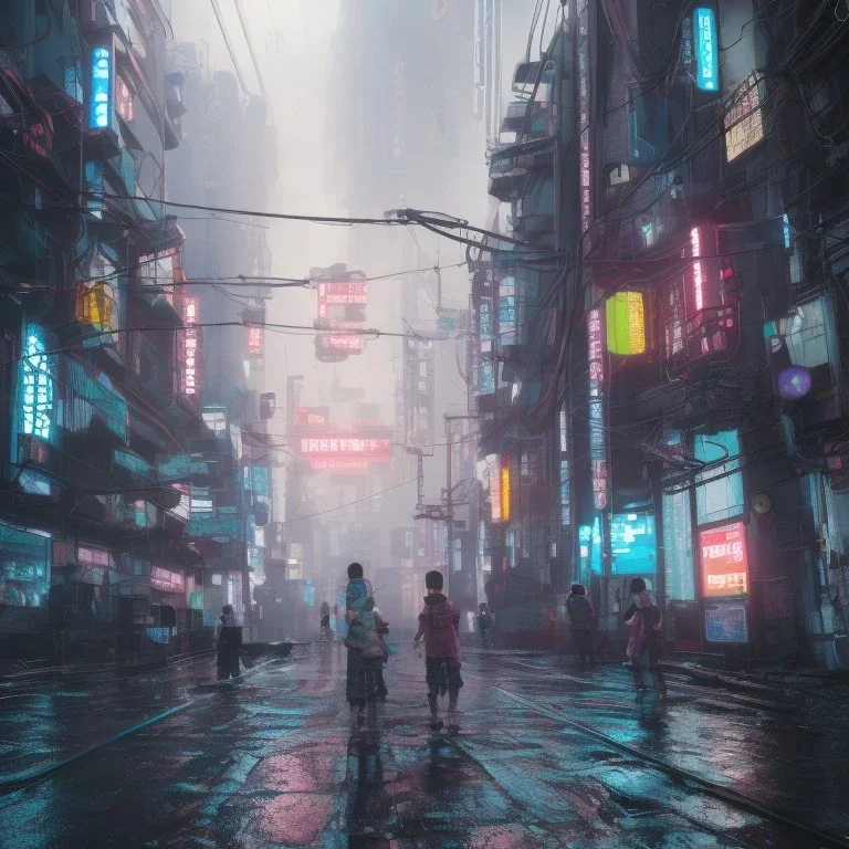 cyberpunk, tokyo, japan, children lost, rain, hyper realistic, 8k