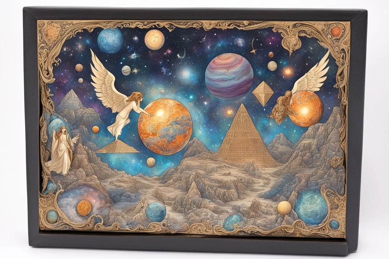 a box for storing things with beautiful drawings a lot of colours, very detailed, angels, minerals, planets space, galaxies, pyramids on a planet