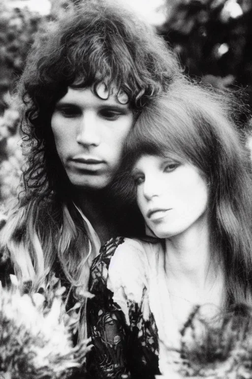 Jim Morrison and Pamela Courson ,music, ignoreNSFW, watermark, bohemian style , blurry,beautiful,elegant,roses, fantasy