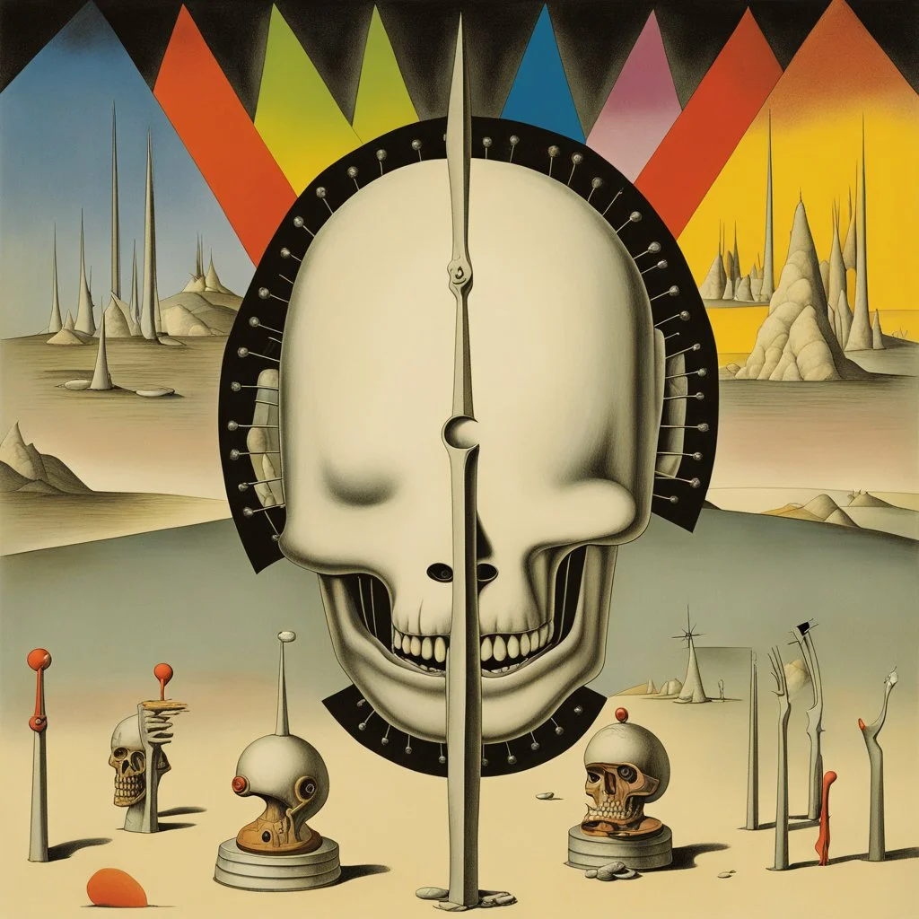 Album Art for band text="Nine Inch Nails " album text="Head Like a Hole", by Yves Tanguy, colorful, cel-shading, album cover art graphics by George Hardie.