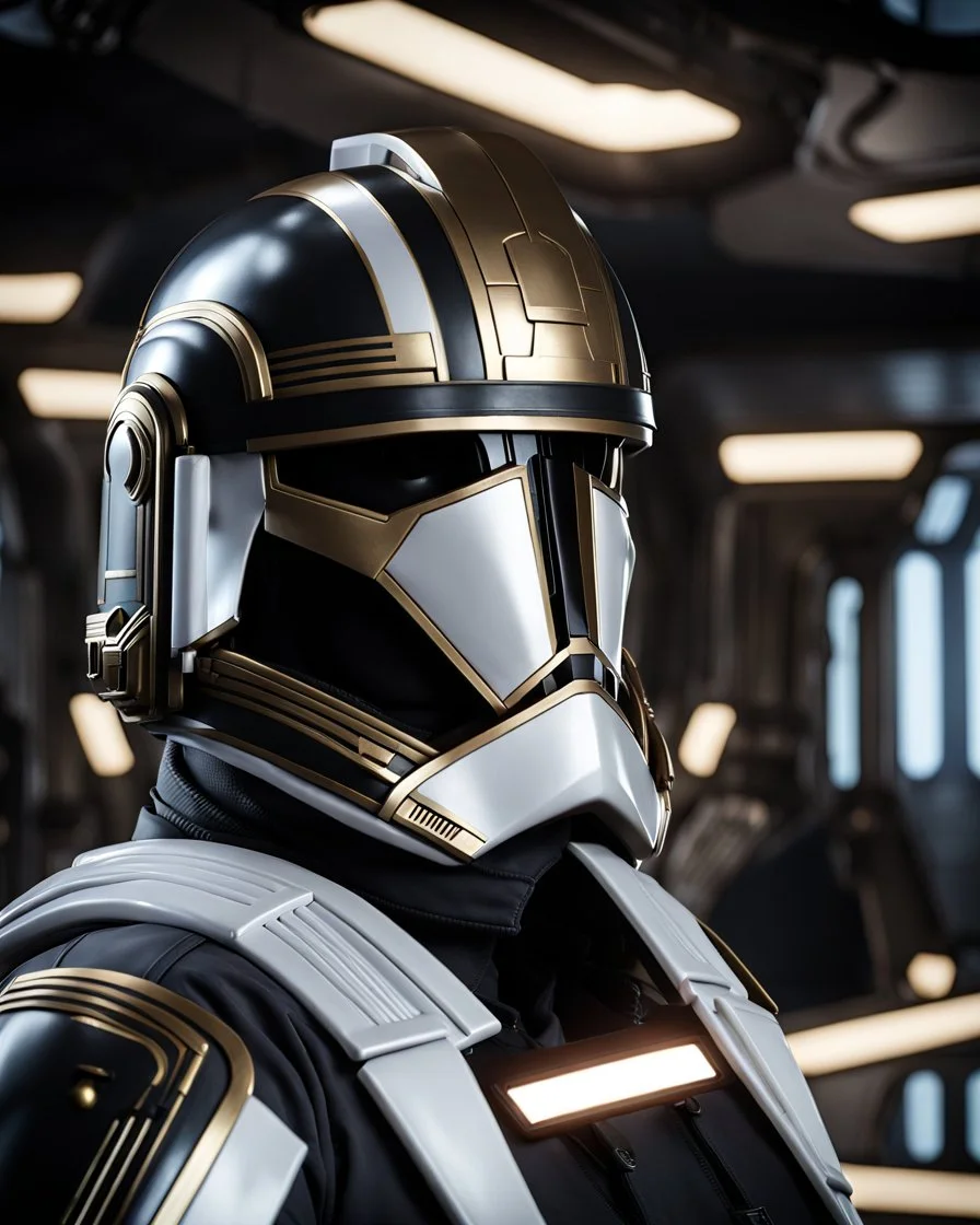 star wars bald male corellian pilot wearing pearlescent black and gunmetal grey First Order special forces armor and helmet with gold trim inside the jedi temple, centered head and shoulders portrait, hyperdetailed, dynamic lighting, hyperdetailed background, 8k resolution, volumetric lighting, light skin, fully symmetric details