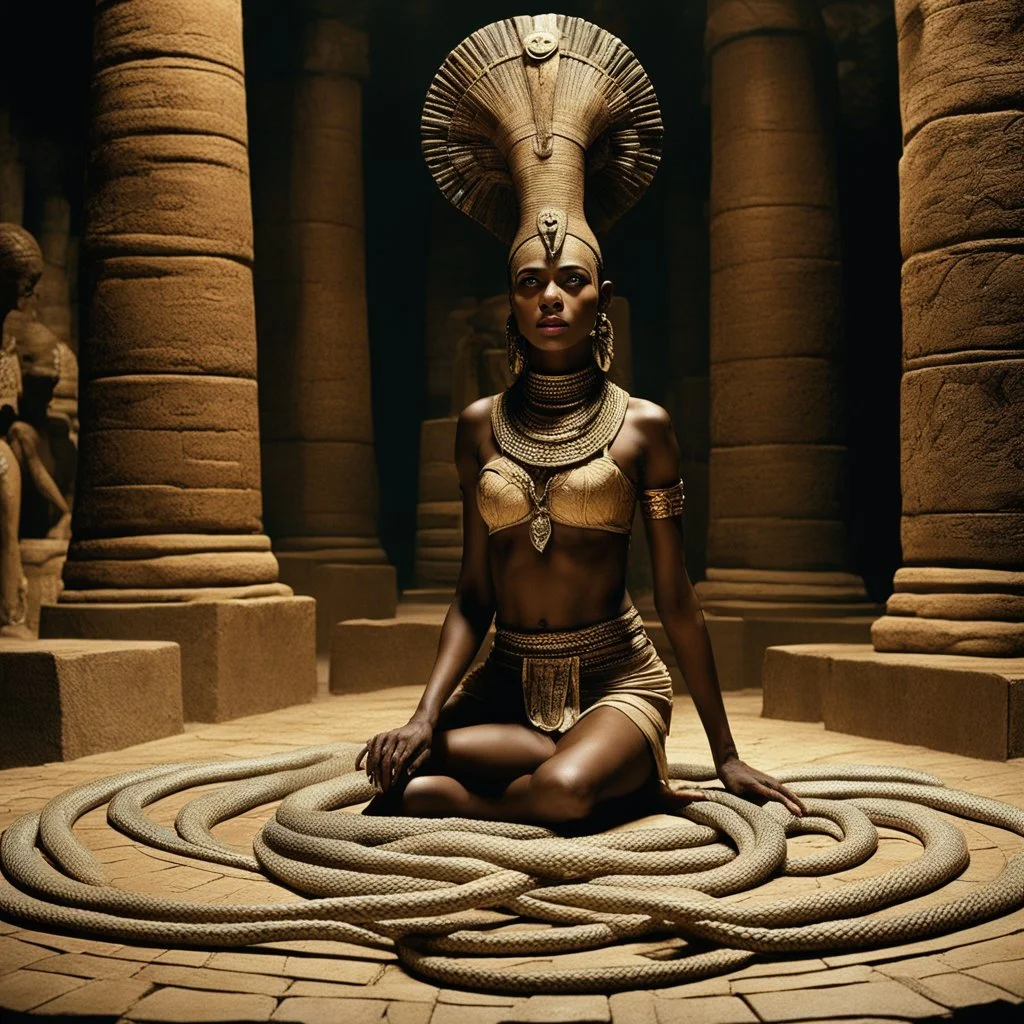 [high res photo 8K by Ray Harryhausen for Pan's Labyrinth (2006)] In the heart of a pyramid, afro Nefertiti is clad in a revealing bandages, her flesh is warm and radiates magic energy, with her feet on the cold tiles of the temple, the braids of her hair end in snakes