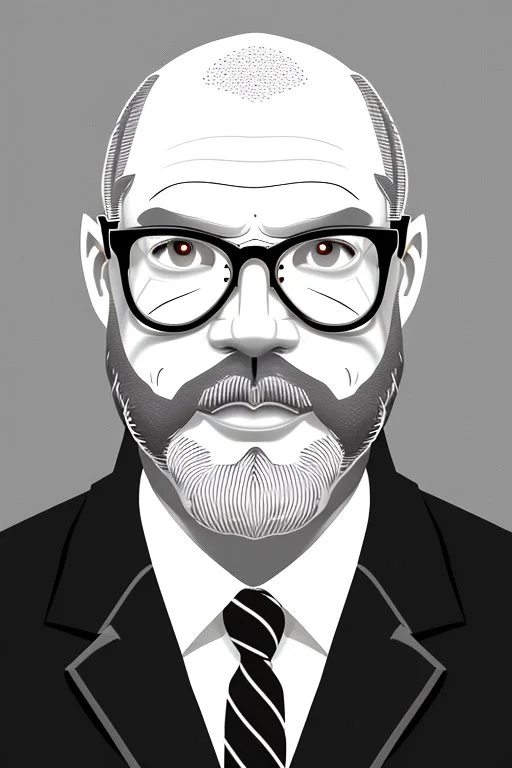 black and white,real estate agent,bald white male with bushy grey beard,55 years old,metal wire frame glasses,, necktie,portly,detailed drawing,white background