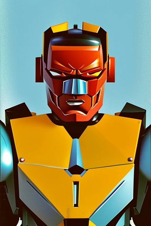 Fotoretrato de un transformer de 1980, debe ser algo decadente. Vibrante en colores, solo su cara es un retrato. Rounded autobot, optimus prime. Animé. Wasted drunk. Yellow, fun.