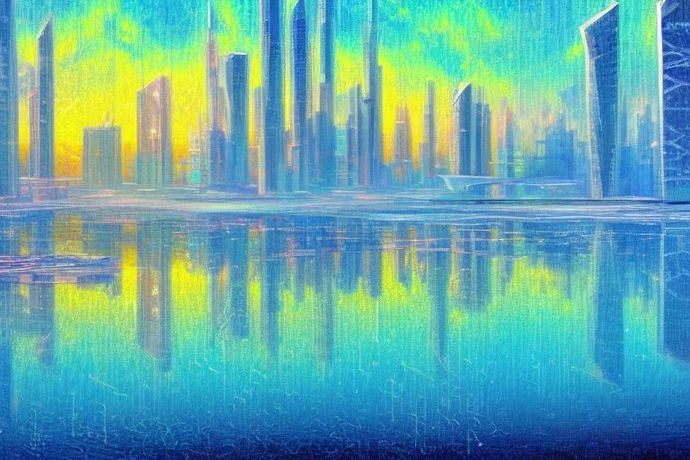 Futuristic cyberpunk buildings, frozen lake, impressionism painting