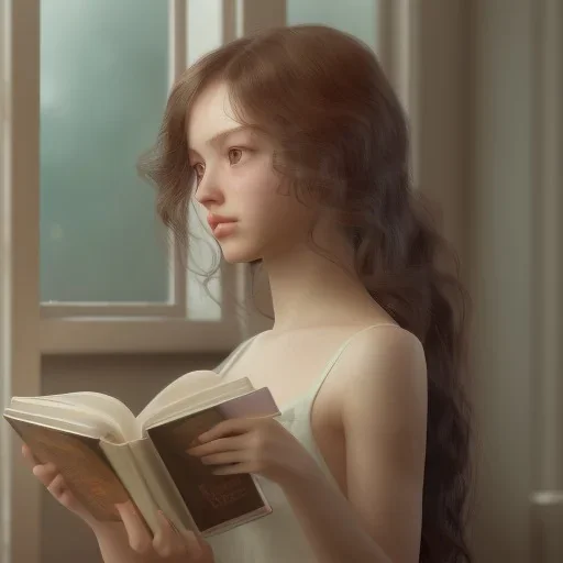 Study girl, curl hair read a book in by the window, ultra detail, real photo realistic, unreal engine, cinematic lighting --ar 1:1 creative