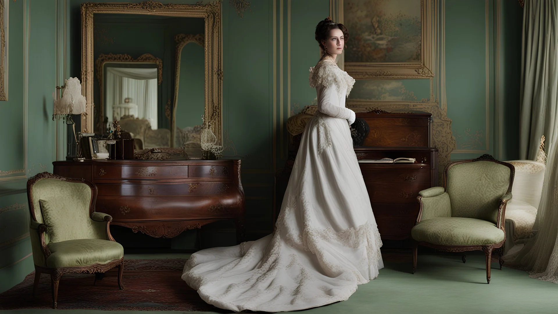 full height colour picture of lounge with young Victorian lady standing wearing Victorian debutante gown with very long dress train and veil