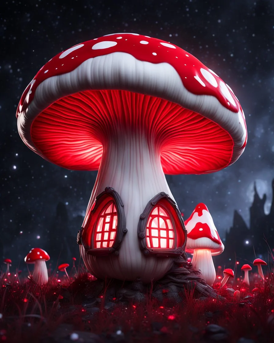 An illogically floating mushroom house on a clear night. white and white and red, Stars Dark cosmic interstellar. Detailed Matte Painting, deep color, fantastical, intricate detail, splash screen, hyperdetailed, insane depth, concept art, 8k resolution, trending on Artstation, Unreal Engine 5, color depth, backlit, splash art, dramatic, High Quality Whimsical Fun Imaginative Bubbly, perfect composition