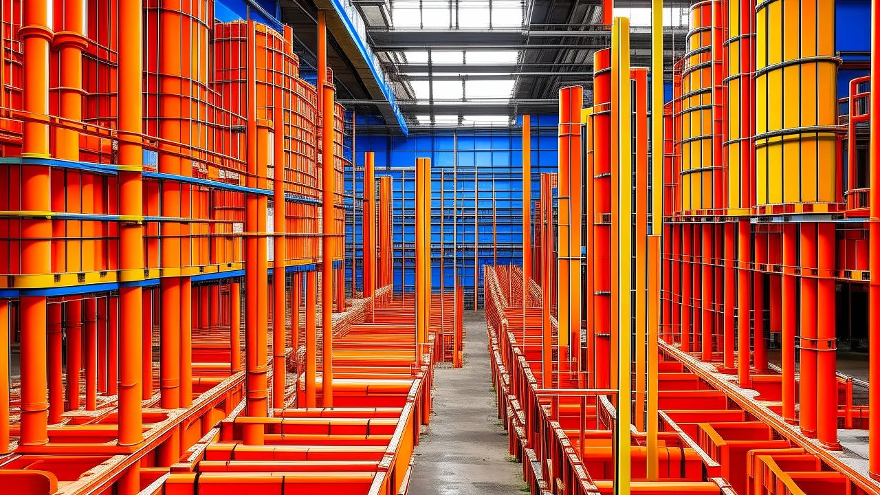 An orange color factory filled with pipes painted by Piet Mondrian