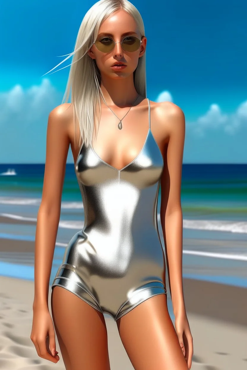 woman, skinny, flat chest, hicut silver onepiece swimsuit, photorealistic, similar hanalei reponty, blond