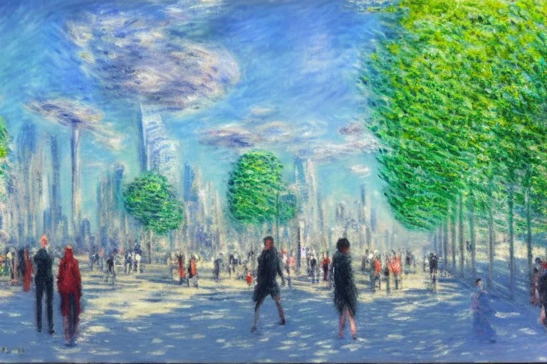 Futuristic city, sunny day, trees, people, sci-fi, epic, philip wilson steer and claude monet influences, hd, realistic painting