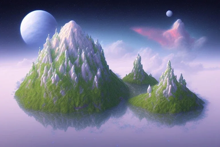 100mm photo of isometric floating island in the sky, brillante y snow cosmos