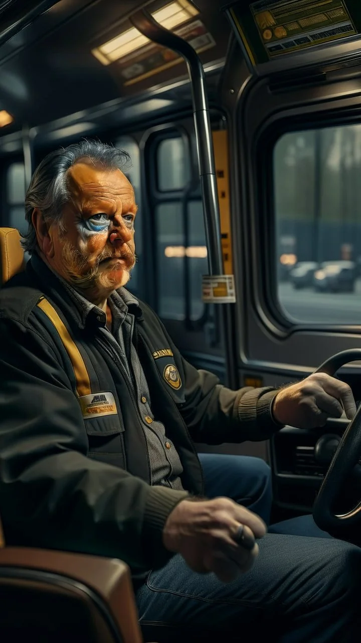 maursluker som busssjåfør som kjører lexbussen, he is holding up beer, shot on Hasselblad h6d-400c, zeiss prime lens, bokeh like f/0.8, tilt-shift lens 8k, high detail, smooth render, down-light, unreal engine, prize winning