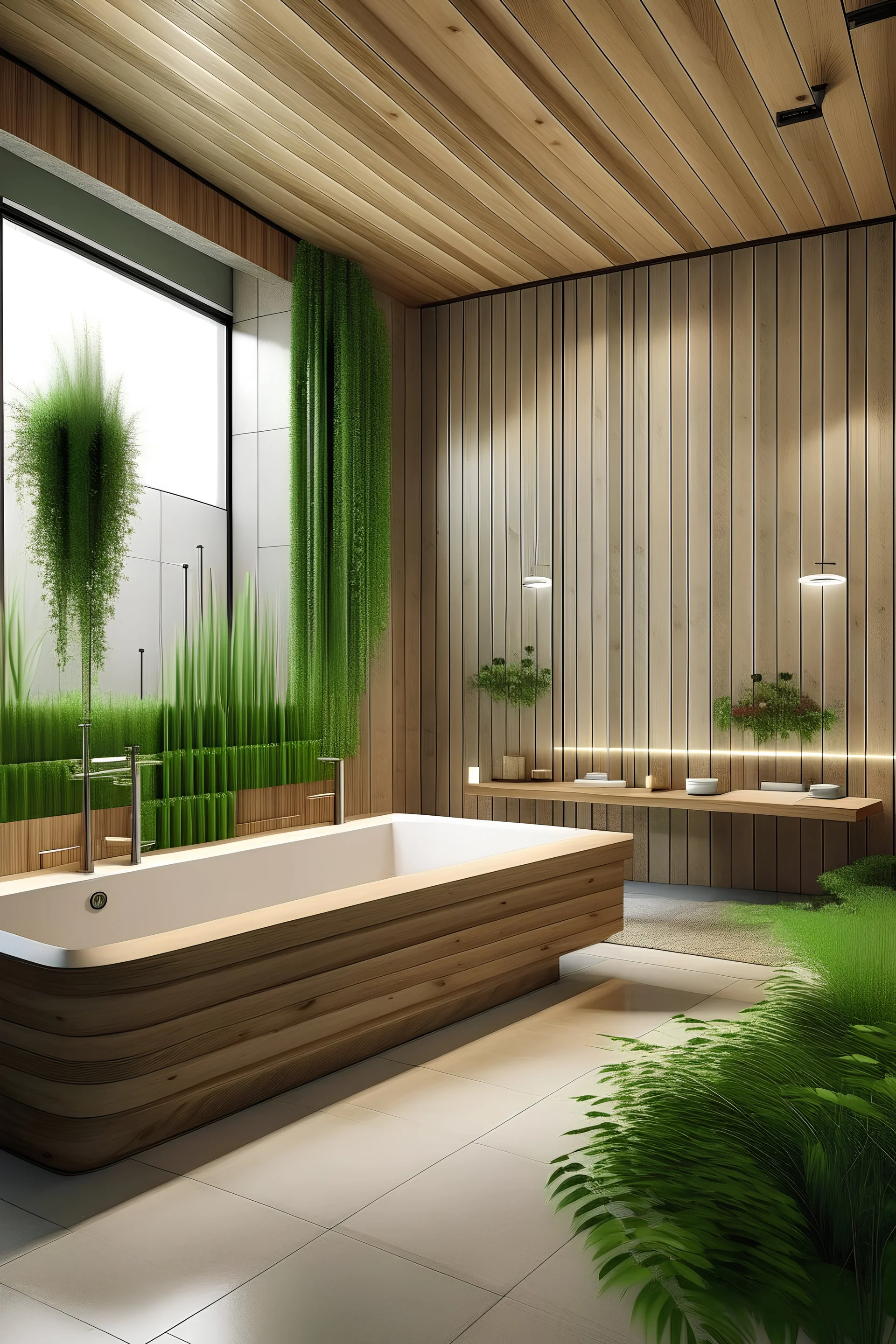create a bathroom with a bathtub and a shower. walls made of concrete and lamellas. white floor. warm the lighting. large mirror above the washbasin. green carpet. flowers in a wooden pot.
