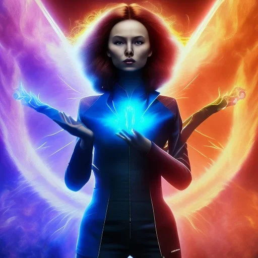 Dark Phoenix, X-Men , Jean Gray. hyperfantastic,hyperscifi,unreal engine.best colours,deep purple . fire theme .blue neon smoke.cinamatic,full cinematic lights.beautiful body details,beautiful face details,8k,