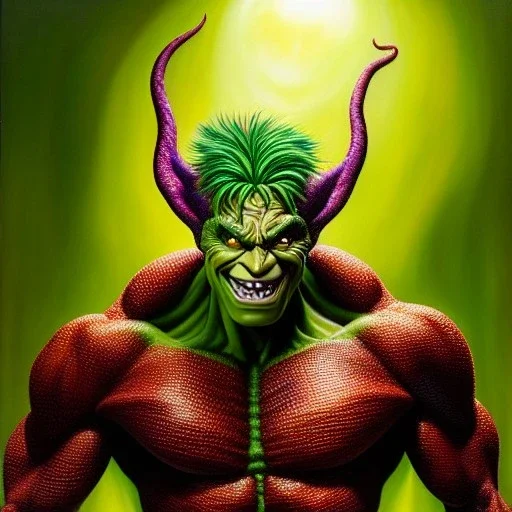 Ultra detailed fullbody Portrait in oil on canvas of Green Goblin,extremely detailed digital painting, extremely detailed face, crystal clear eyes, mystical colors ,perfectly centered image, perfect composition, rim light, beautiful lighting,masterpiece ,8k, stunning scene, raytracing, anatomically correct, in the style of Steve Jung and robert e howard and Wizyakuza and Ohrai Noriyoshi and Simon Bisley and uncannyknack.