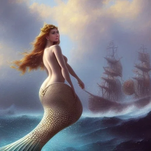 A beautiful portrait of haifa wahbi as a mermaid , leaning on a ships deck ,Rough sea in the background, (digitall art by Eugene de Blaas and Ross Tran, vibrant color scheme, highly detailed, in the style of romanticism, cinematic, artstation best quality, realistic lighting, masterpiece portrait, details light dusting , cowboy shot from above, simple chain hauberk Vector art digital illustration 3D shading )