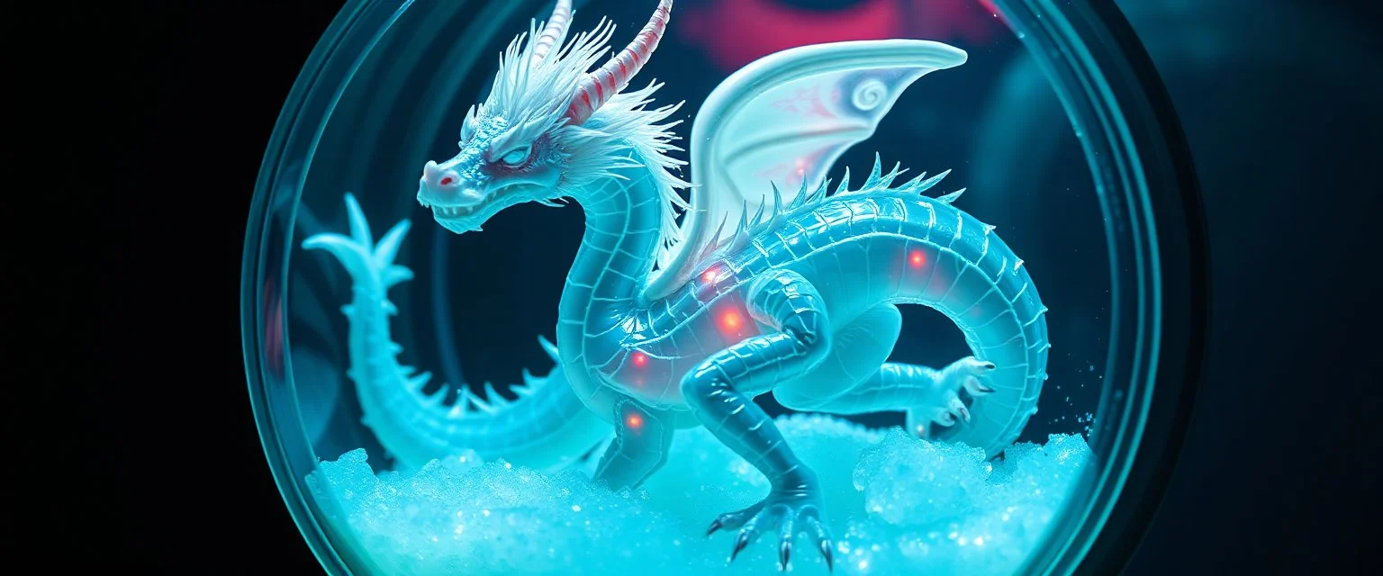 The image depicts a fantastical duck snow soup, specifically a transparent dragon lich with neon flash aura, with a unique and whimsical appearance. The dragon is positioned in a circular frame, which suggests it might be inside a container or a vessel. The dragon's body is elongated and has a segmented appearance, with a detailed texture that gives it a realistic look. Its head is covered with white, spiky hair, adding to its fantastical charm. Cyber punk nerd.