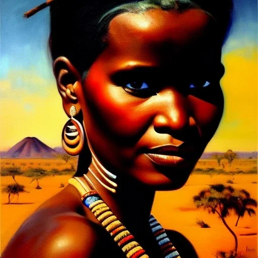 Drawing of 'woman from Mursi tribe',sweet stare,painting by Earl Norem, simon Bisley,frazetta,西嘛哒, evan lee, Vallejo,kelly,Paul Gauguin oil on canvas, cinematic composition, extreme detail,fit full head inside picture,8k