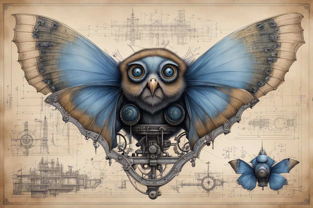 Jean-Baptiste Monge style 19th century hand drawn technical illustration with detailed blueprints and engineering schematics of a walking hybrid Polyphemus moth goth girl, with highly detailed facial features with multi cellular eyes, drawings, and technical notation, 8k, vibrant natural colors,