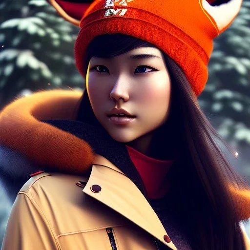 mdjrny-v4 style, cute asain girl wearing a fox hat by greg rutkowski and Guwiez, depth of field, cinematic lighting, 8k uhd, redshift render