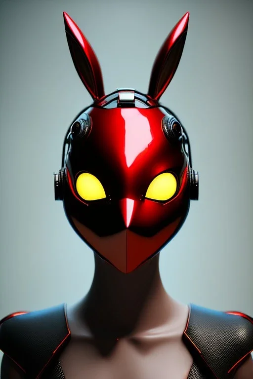 Portrait Sweet Rabbit ceramic mask, punk, red suit, cyberpunk, photo studio, black background, unreal engine 5, concept art, ray tracing, lumen lighting, ultra detail, volumetric lighting, 3d.