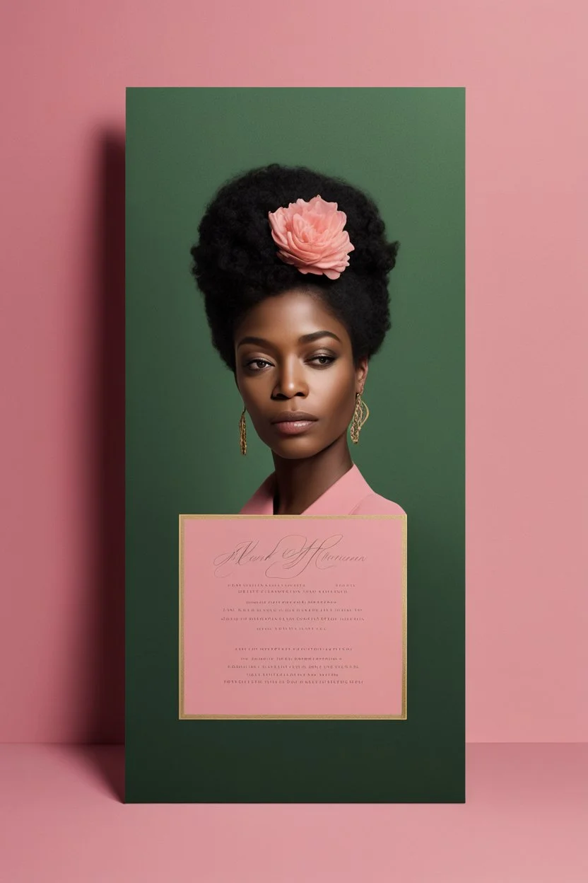 An extremely formal, funeral program written in French for a black woman (include a front photograph of a beautiful biracial black woman) on salmon pink deeply pigmented velvet paper with brilliant, brightest heavy golden greenish calligraphy fonts, simple, minimalistic, less element, very dramatic lighting