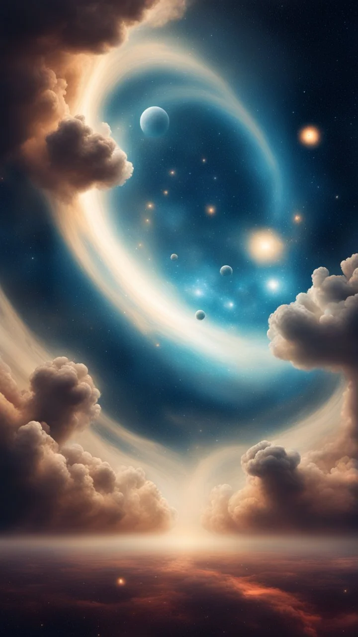Back in time through a Time Machine in the parallel universe among the galaxies and the stars a big clouds of gas covering the sky from a distance