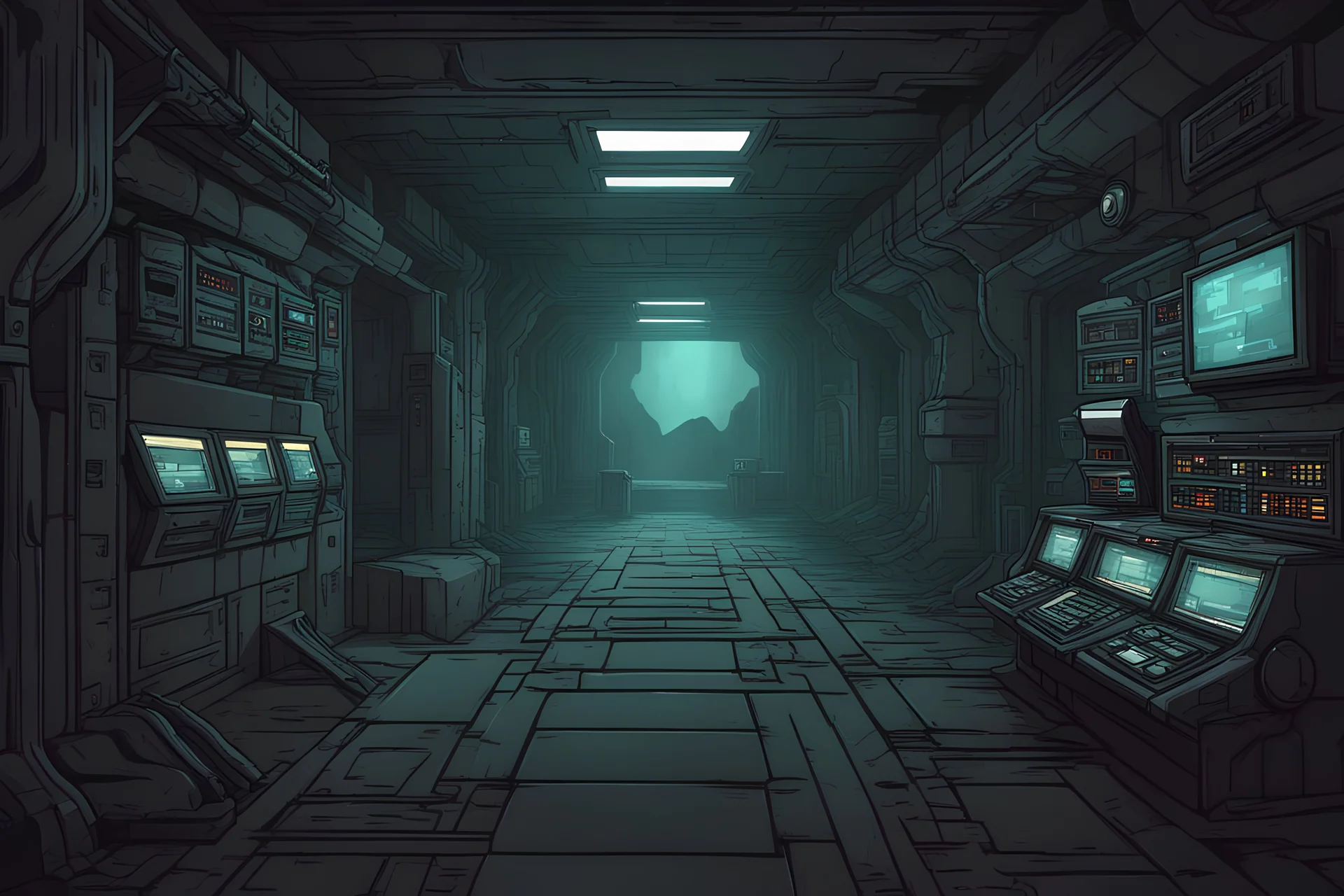 background, sci-fi dark huge underground room with computer terminal for asset video game 2D view, platformer