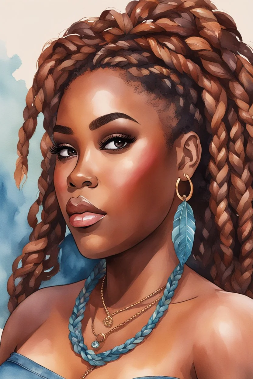 create a watercolor illustration of a plus size dark skinned black female wearing Tight blue jeans and a hazel brown off the shoulder blouse. Prominent make up with long lashes and hazel eyes. She is wearing brown feather earrings. Highly detailed box braids