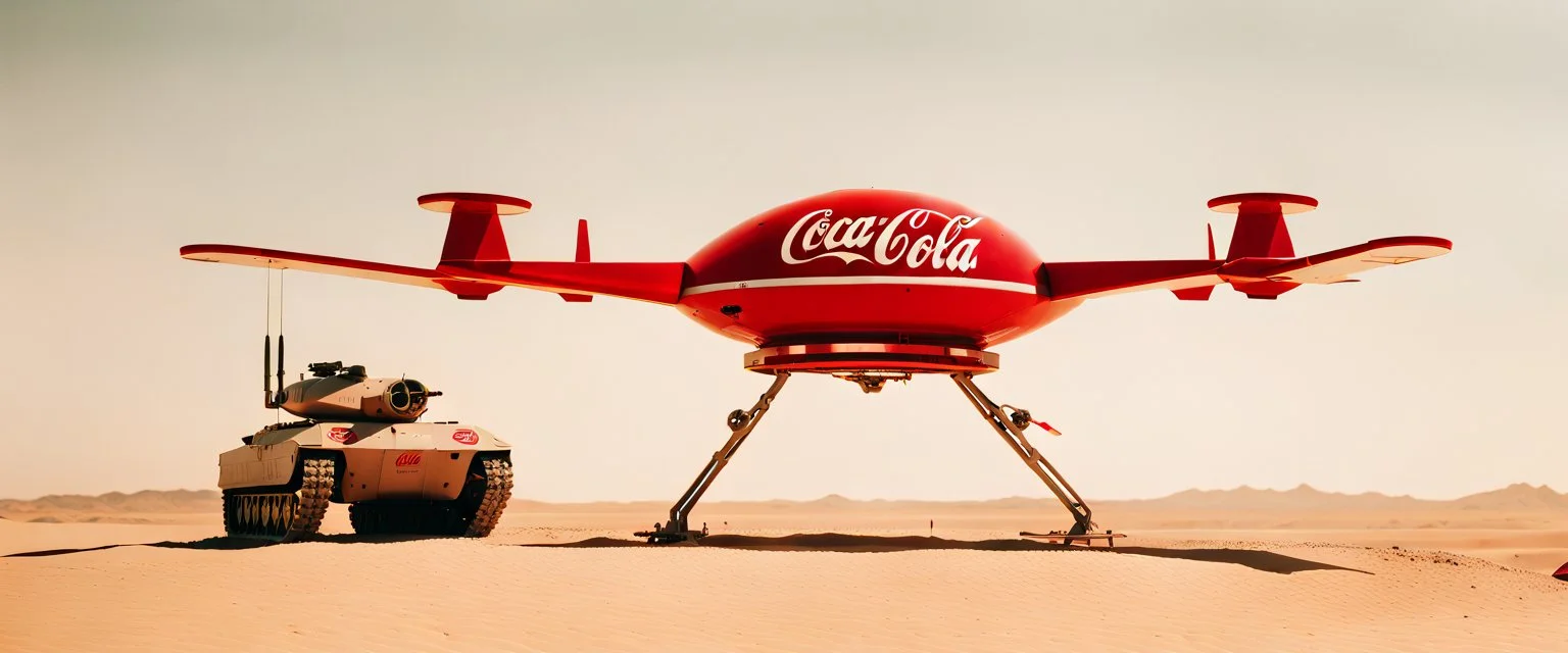 Coca-Cola Branded unmanned combat aerial vehicle flying over a Mcdonalds brand tank, middle east Desert, cinematic, Fuji Film, Anamorphic lens, 2040s, deep depth of field, in a Cyber punk WW3 film