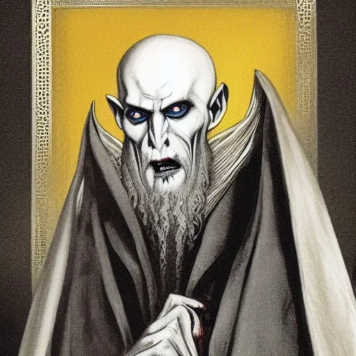 Nosferatu with four yellow eyes with tentacle beard grey skin and vampire fangs as a Russian Orthodox bishop