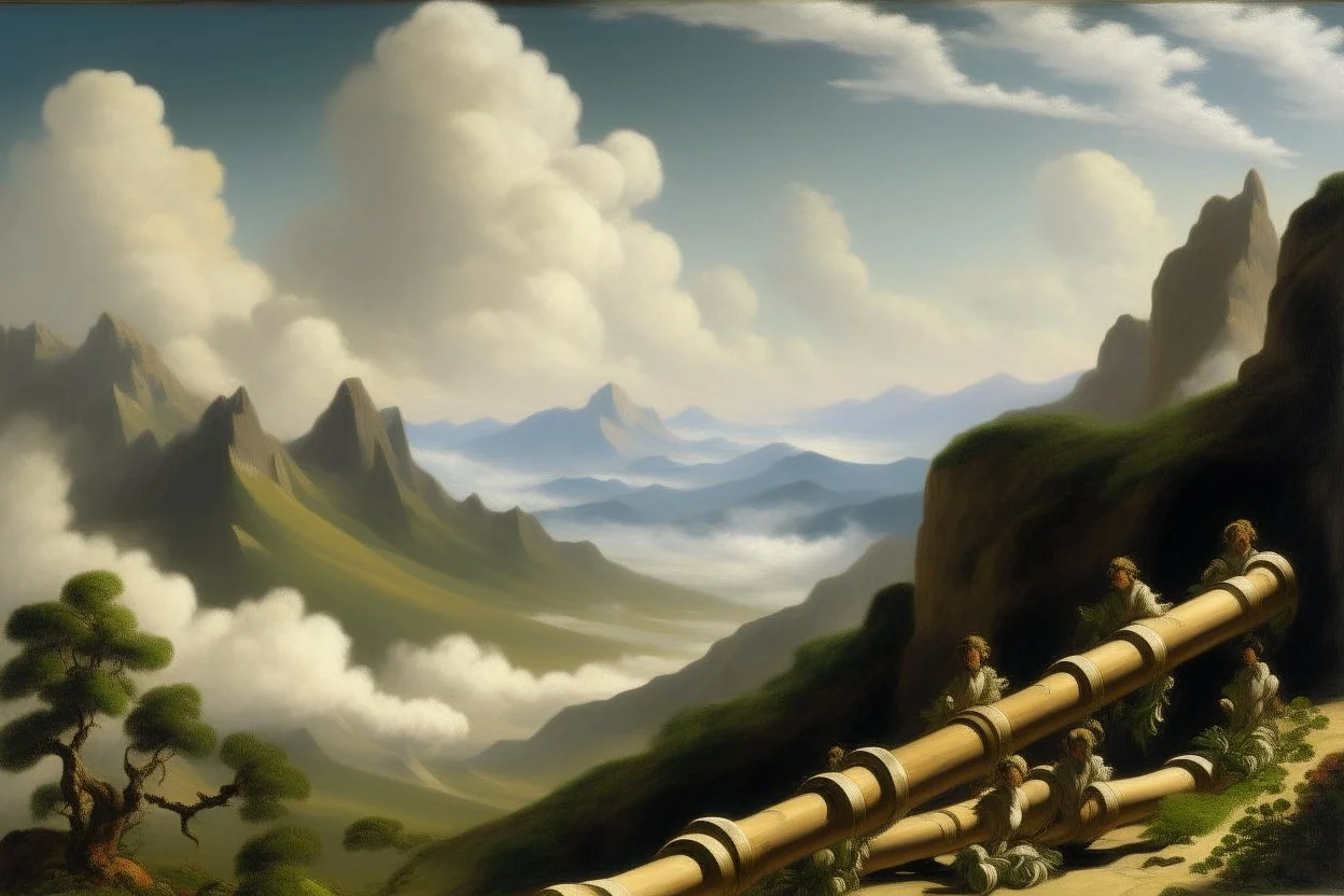 A beige mountain in the clouds with African pan flutes painted by Gustave Courbet