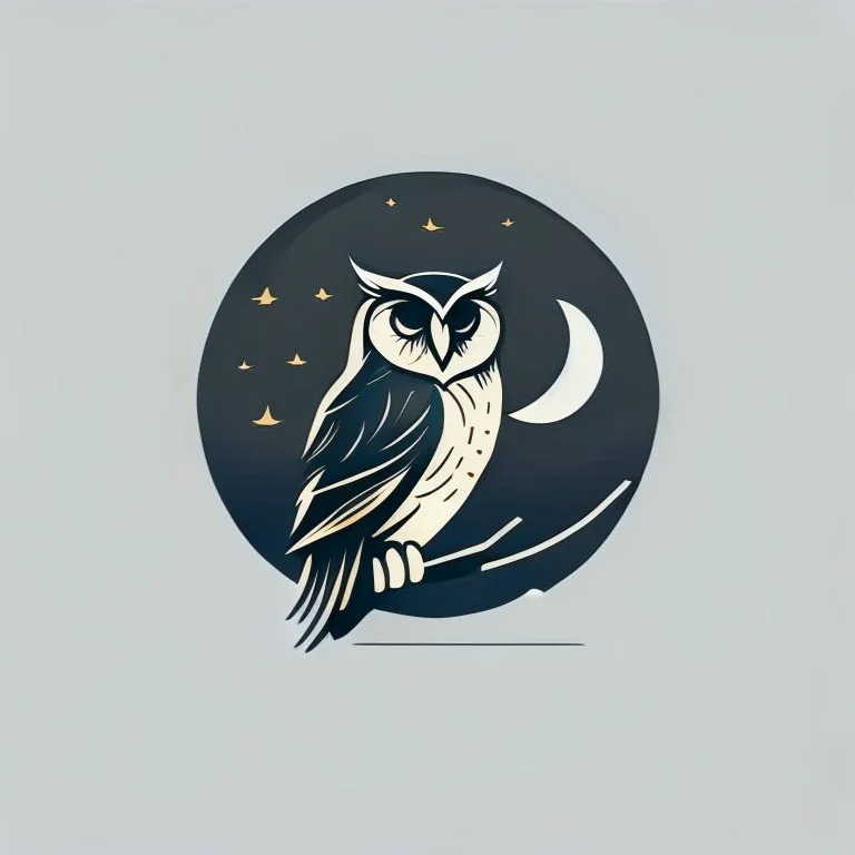 Owl + moon. Logo design minimalist. Soft colors. Dark. Sketch In the style of Depero