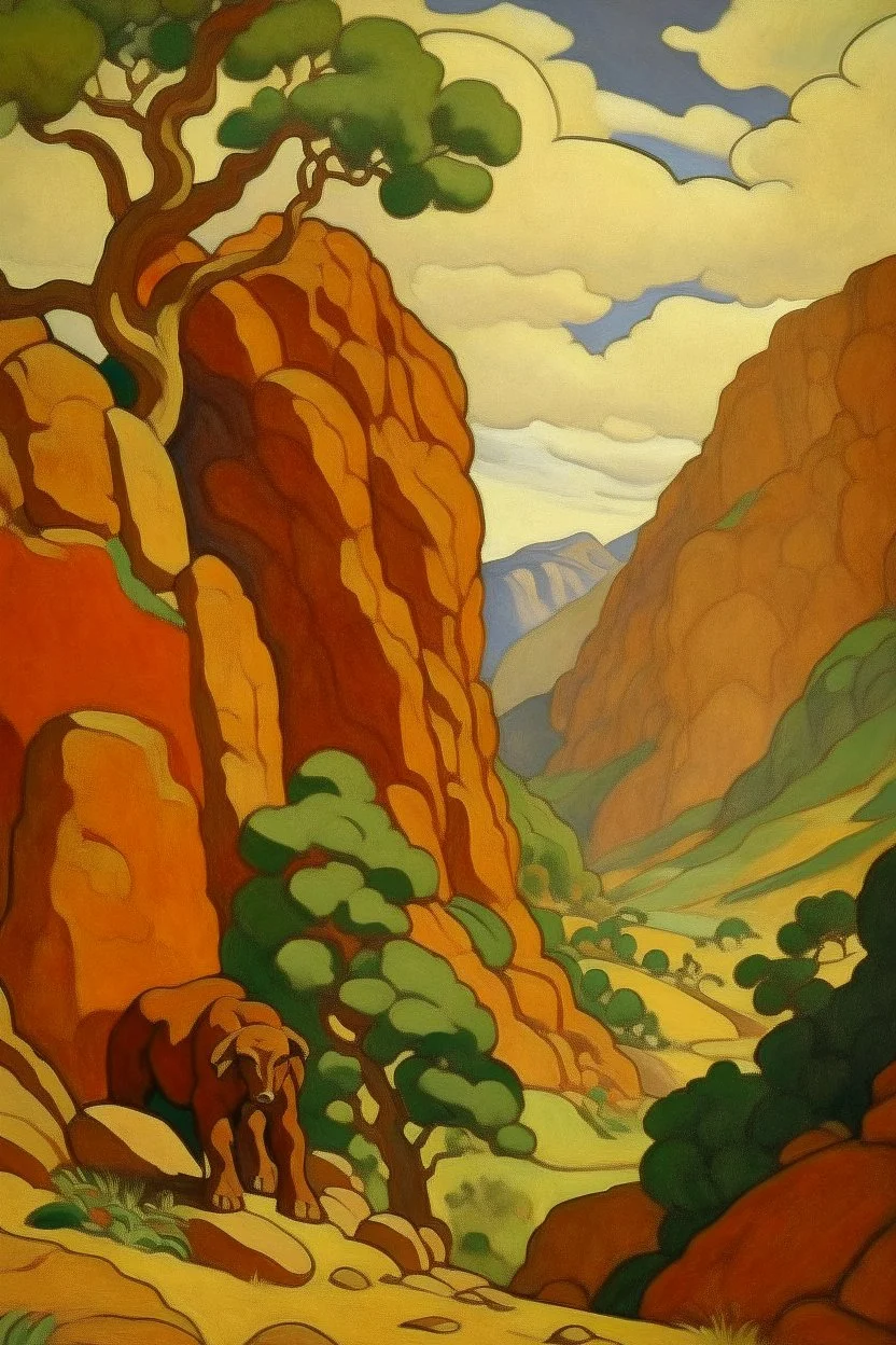 A brown rocky mountain near a canyon painted by Paul Ranson