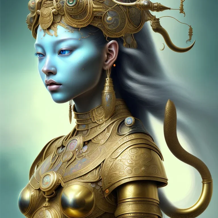 Sango fantasy, fantasy magic, intricate, sharp focus, illustration, highly detailed, digital painting, concept art, matte, art germ and Paul Lewin and Kehinde Wiley, masterpiece silver elephant head bronze Buddha Asian African girl nice breast Hawaiian hair turquoise golden waves