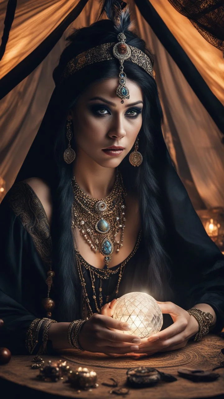 Hyper Realistic photographic-view of Wicked Fortune-teller wearing black-beed-necklace-&-bracelet angrily Looking at her crystal-ball glowing magically & sitting in her tent decorated with fancy-traditional-ornaments-&-feathers showing dramatic & cinematic ambiance"